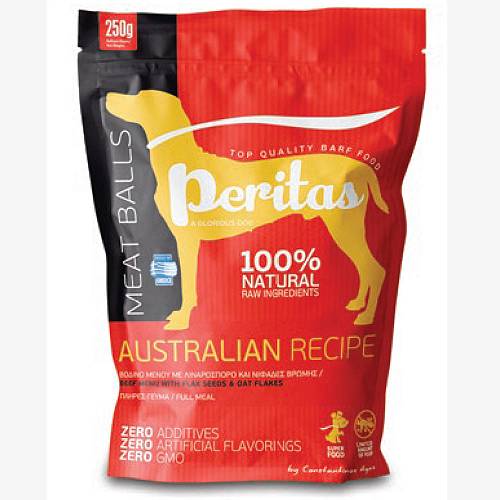 BARF Australian. 12 Κεφτεδάκια. 250γρ. Φυσική ωμή τροφή σκύλου Peritas. Μοσχάρι, Κοτόπουλο, αυγό, λαχανικά, φρούτα, βότανα