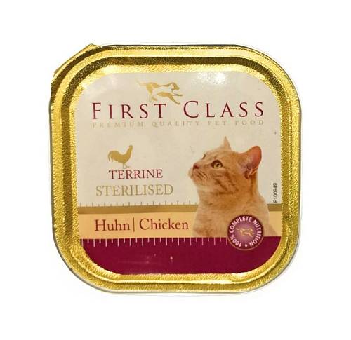 Δισκάκι τροφής πατέ για στειρωμένες Γάτες First Class κοτόπουλο 100gr